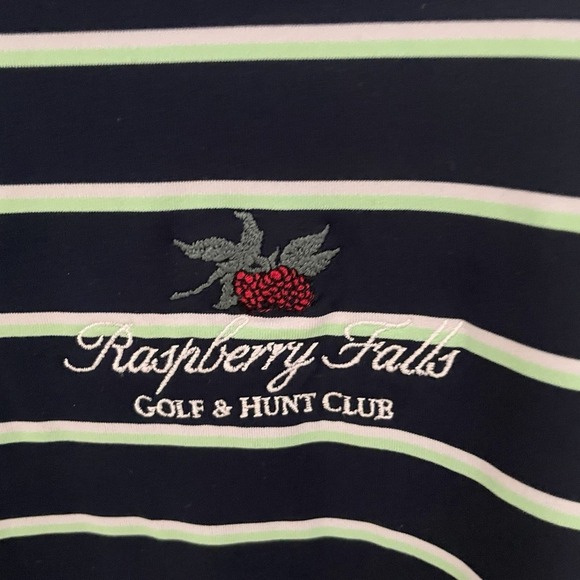 FootJoy FJ Mens Size XL Golf Polo Shirt Blue White Green Striped Raspberry Falls - Picture 2 of 7